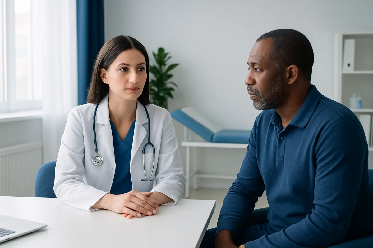 Doctor consulting with male patient in a medical office setting.