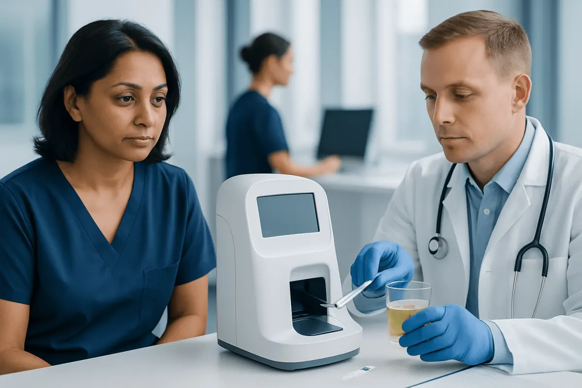 Doctor testing urine sample with medical device in clinic setting.