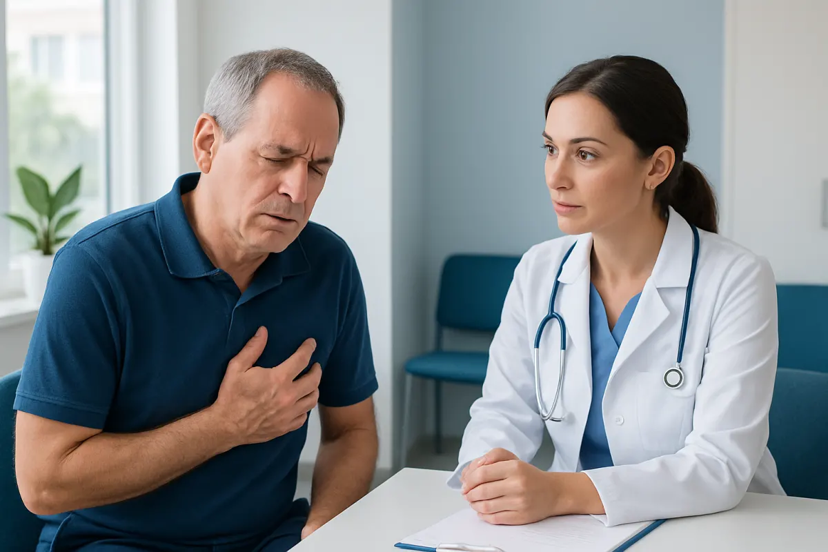 Patient experiencing chest pain during consultation at Acibadem Hospital.