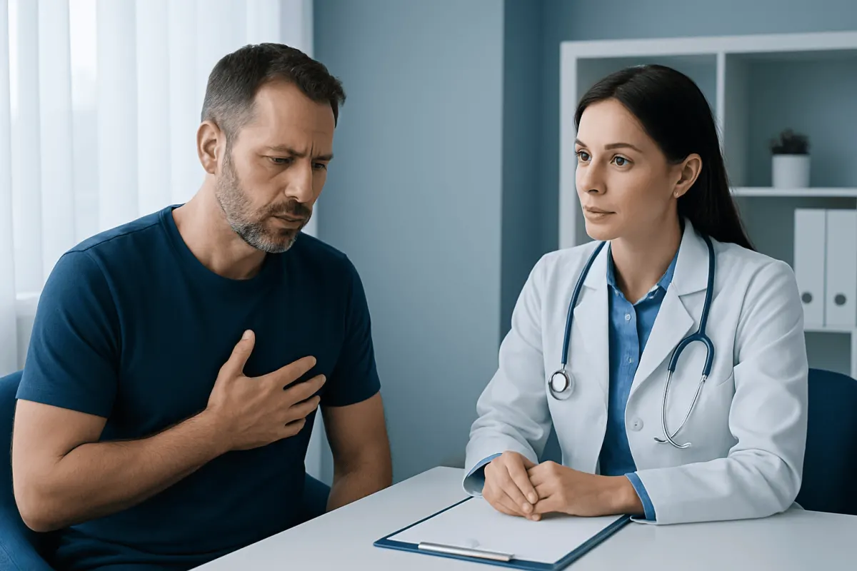 Doctor consulting male patient about health concerns in a clinic setting.
