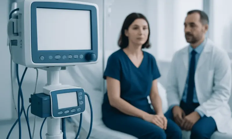 Doctor and patient in a medical consultation room with monitoring equipment.