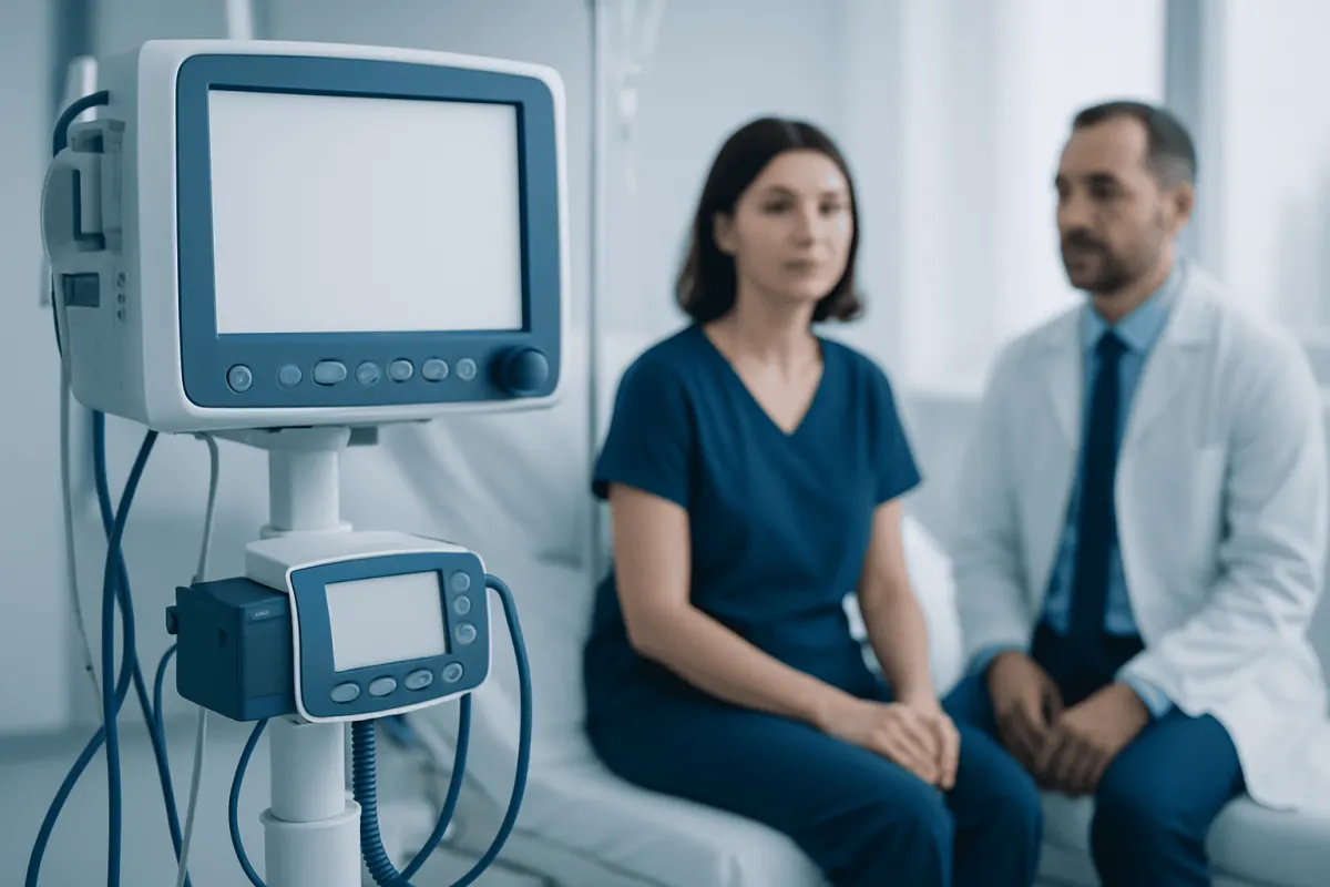 Doctor and patient in a medical consultation room with monitoring equipment.