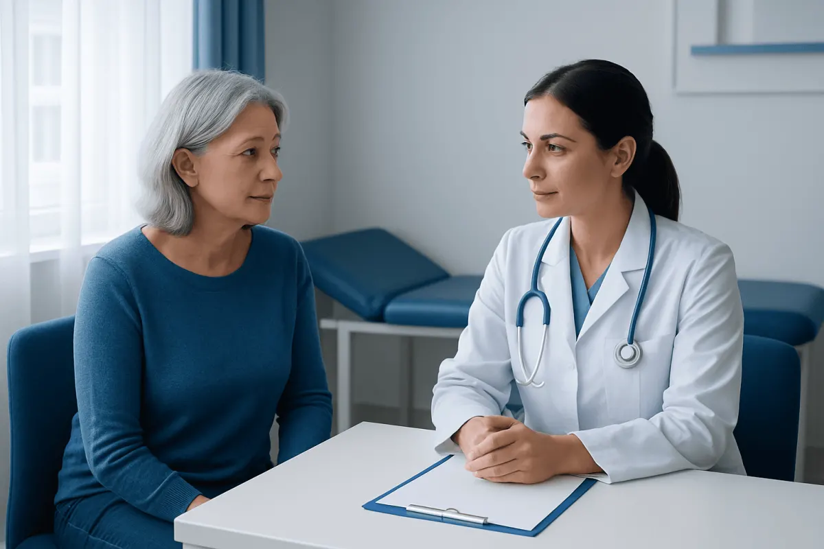 Doctor consulting with an elderly female patient in a medical office.