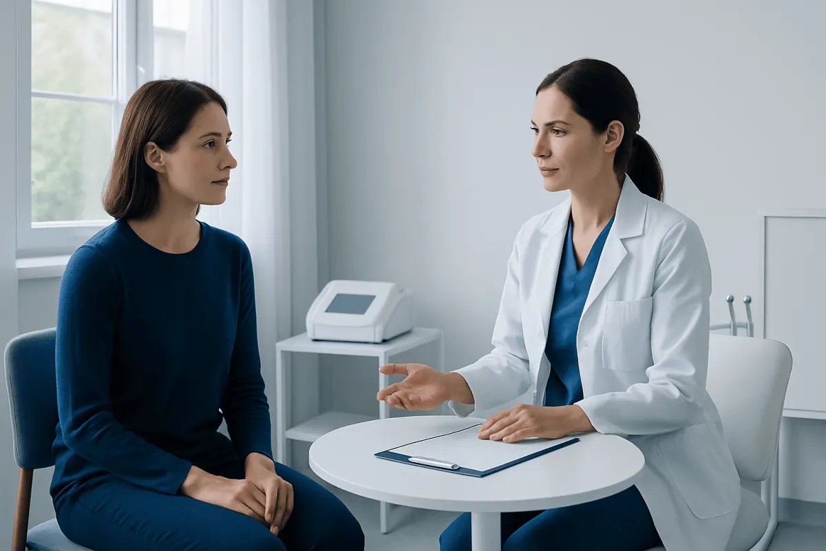 Doctor consulting with patient in a medical office setting.