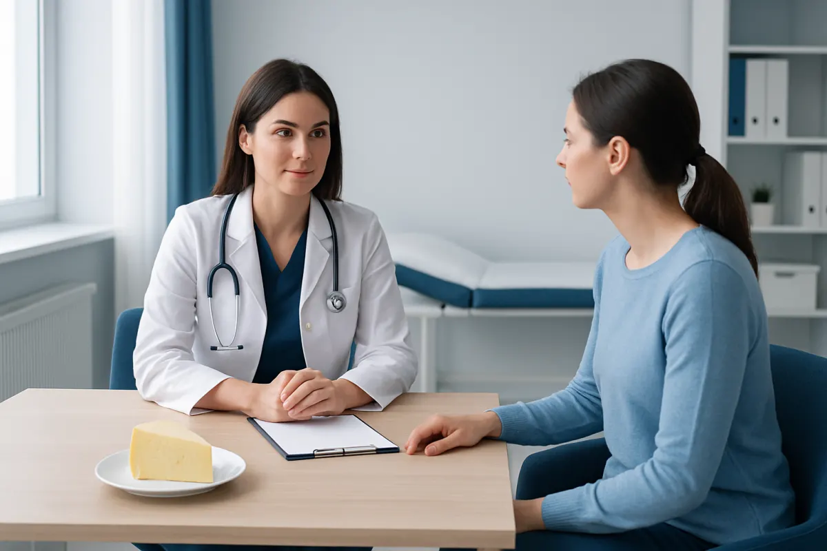 Doctor consulting with patient in a medical office with cheese on the table.