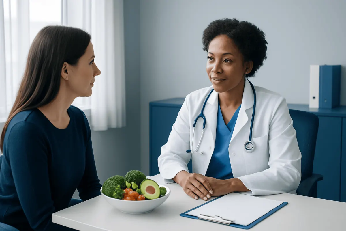 Doctor consulting with patient about healthy eating and diet options.