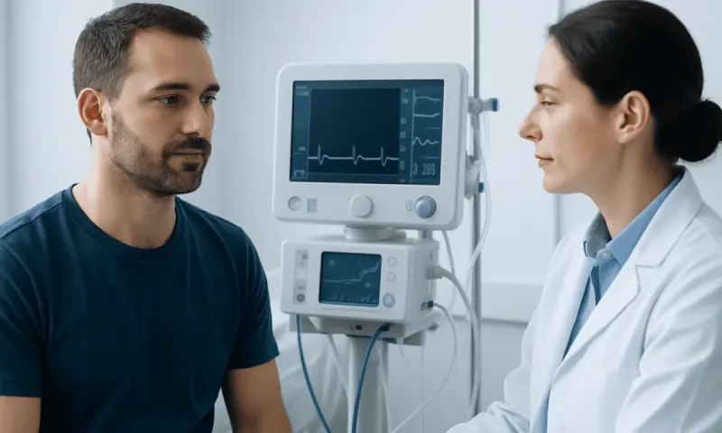 Doctor consulting patient with medical monitor in hospital setting.