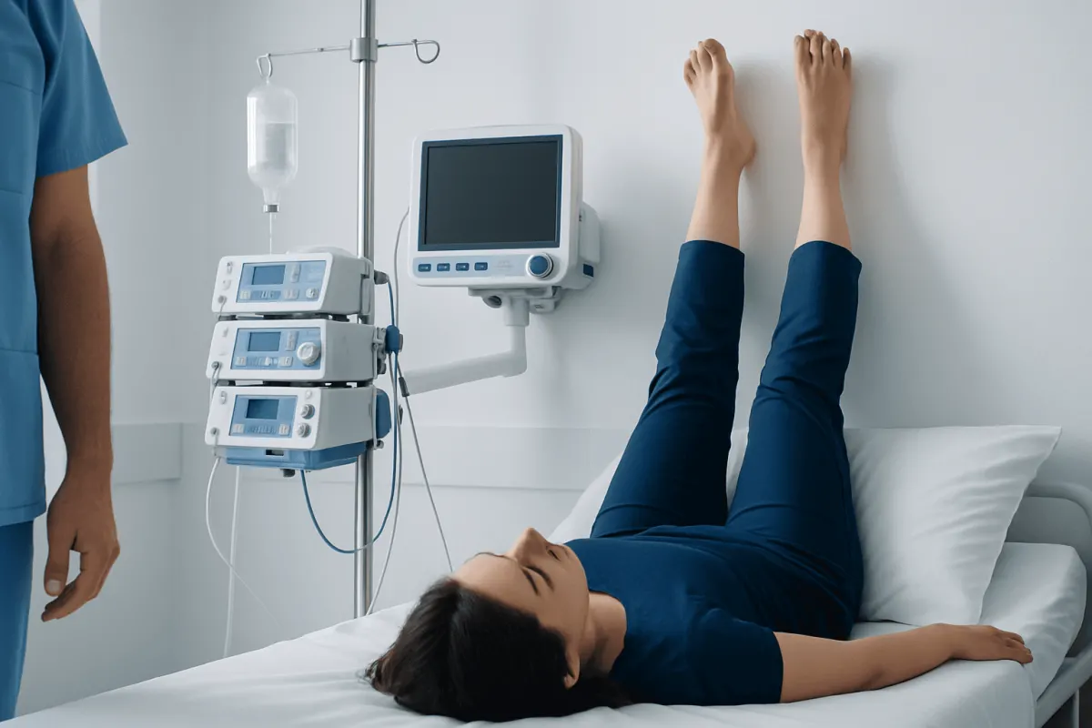 Patient undergoing medical monitoring in a hospital room with medical equipment.