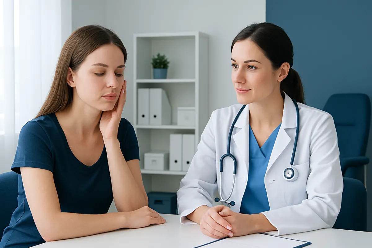 Doctor consulting with young woman patient in clinic setting.