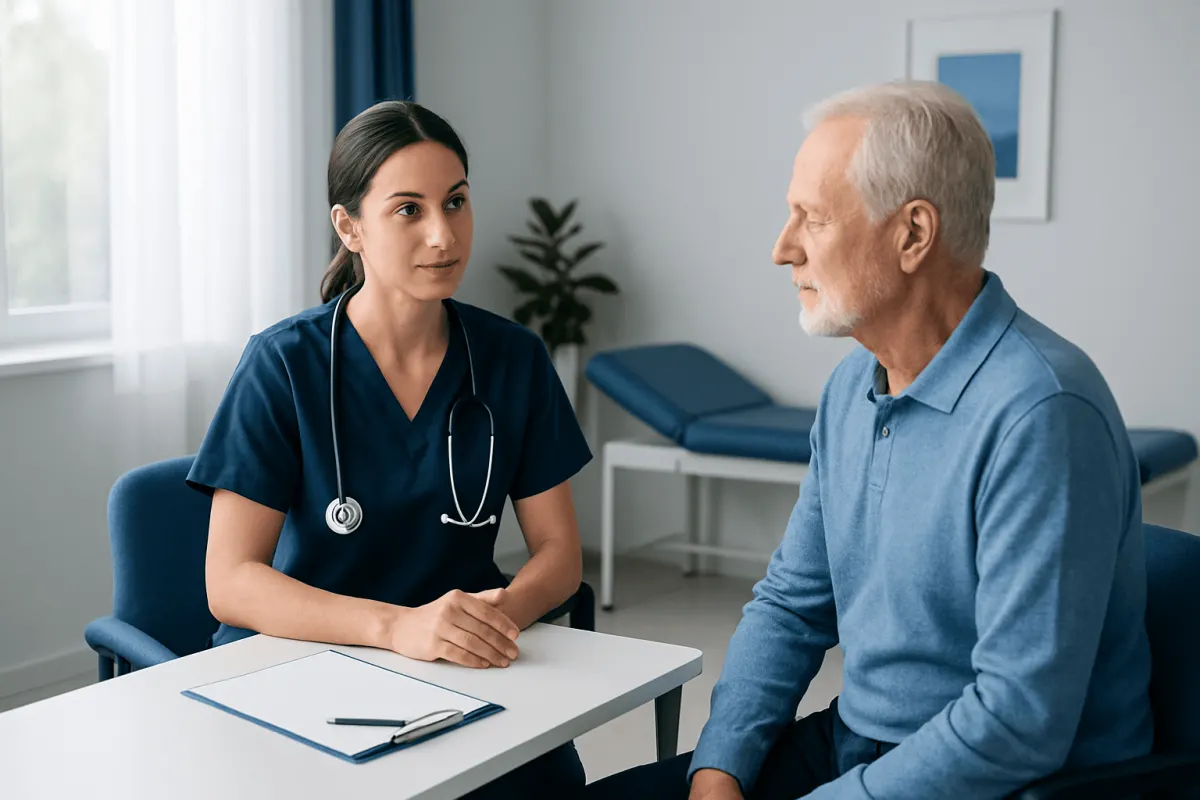 Doctor consulting with elderly patient in a medical office.