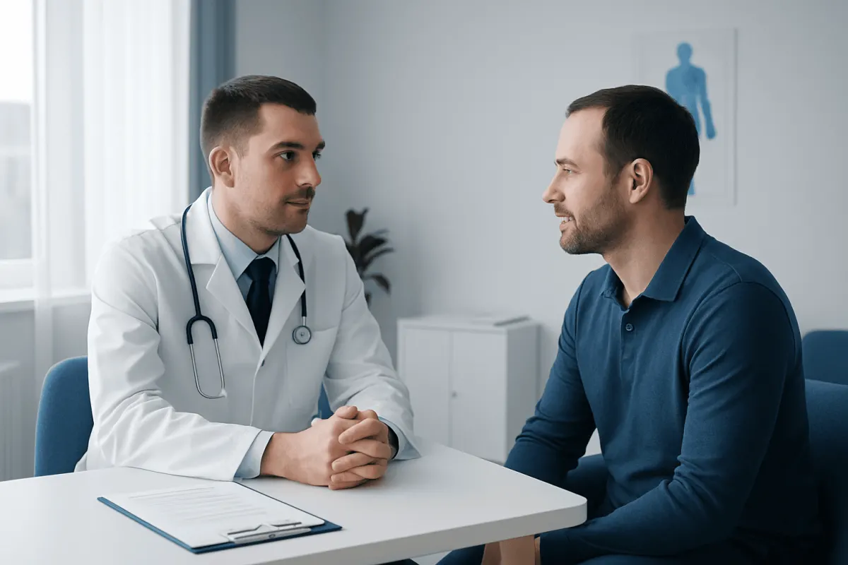 Doctor consulting with male patient in a medical office.