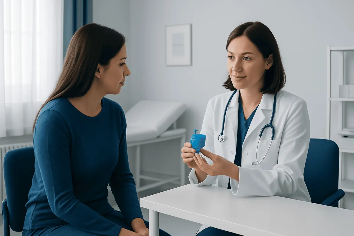 Doctor explaining menstrual cup to patient in a clinical setting.