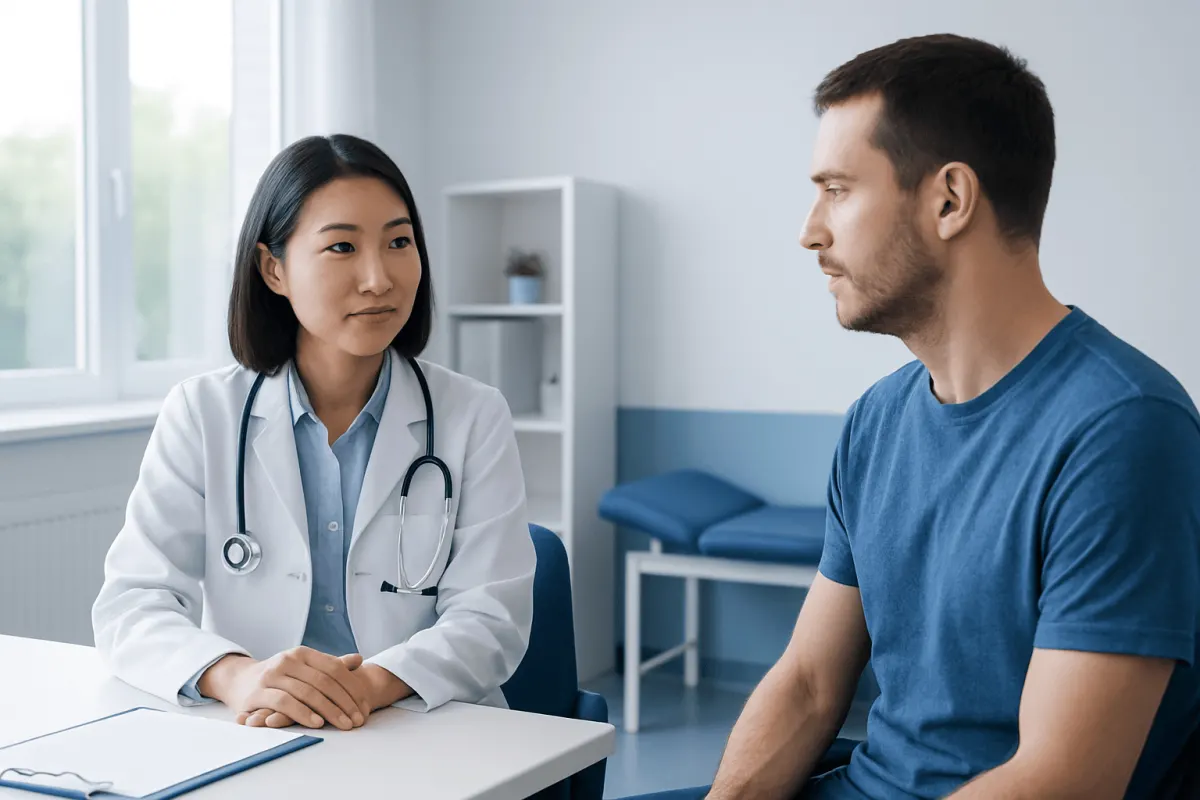 Doctor consulting with male patient in a modern clinic setting.