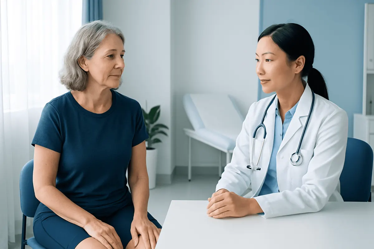 Doctor consulting with an elderly female patient in a medical office.