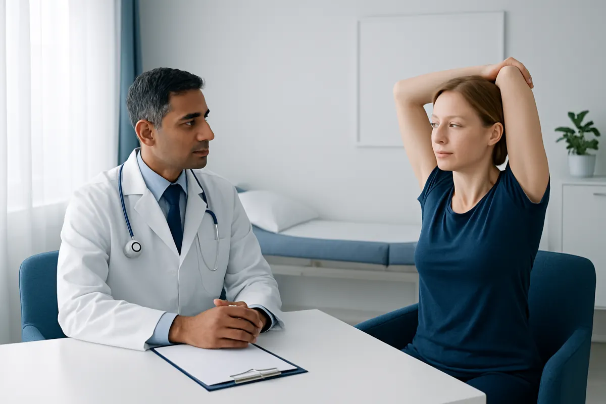 Doctor consulting a patient performing a tricep stretch exercise in a clinic.