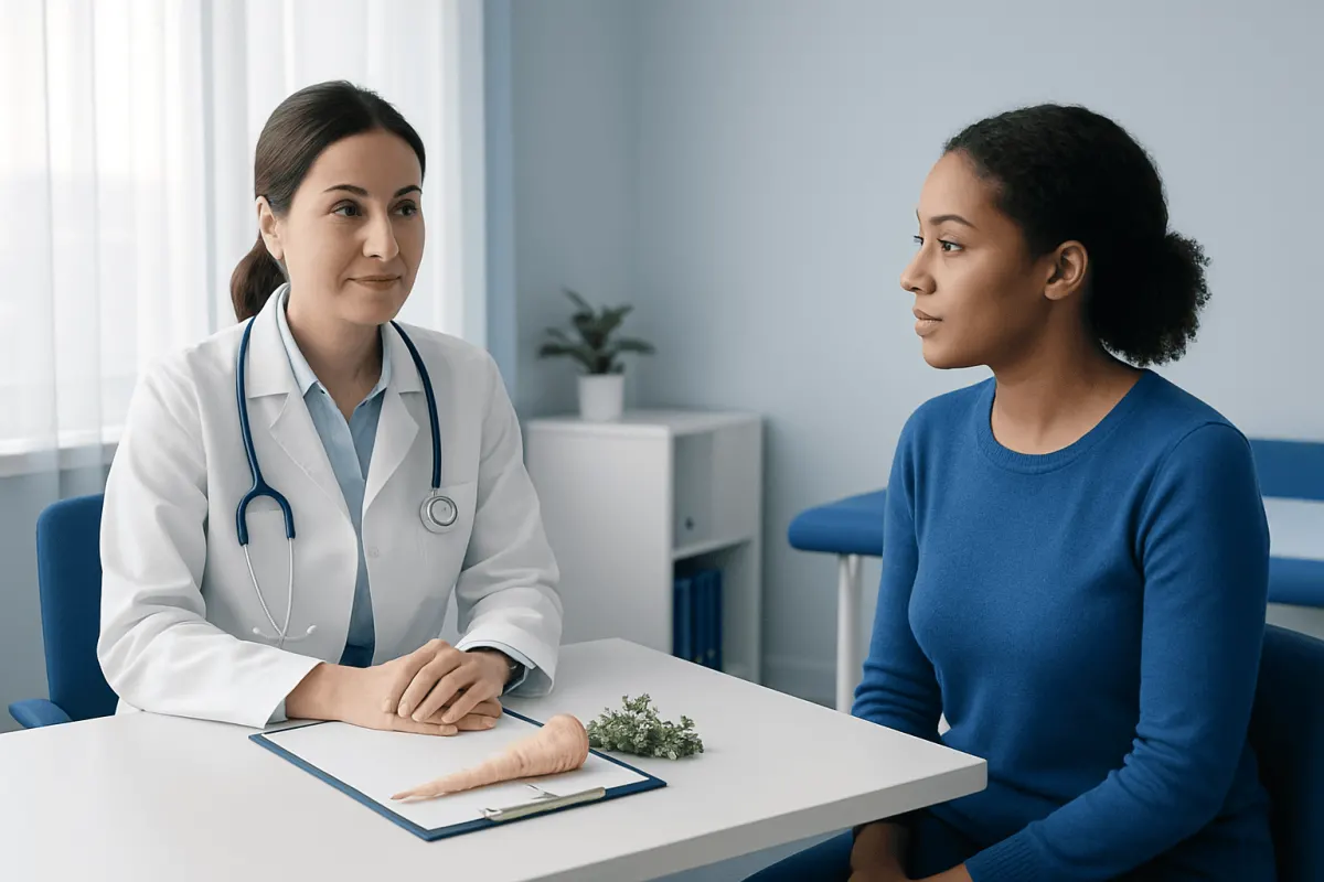 Doctor consulting a patient in a medical office with a parsnip on the table.