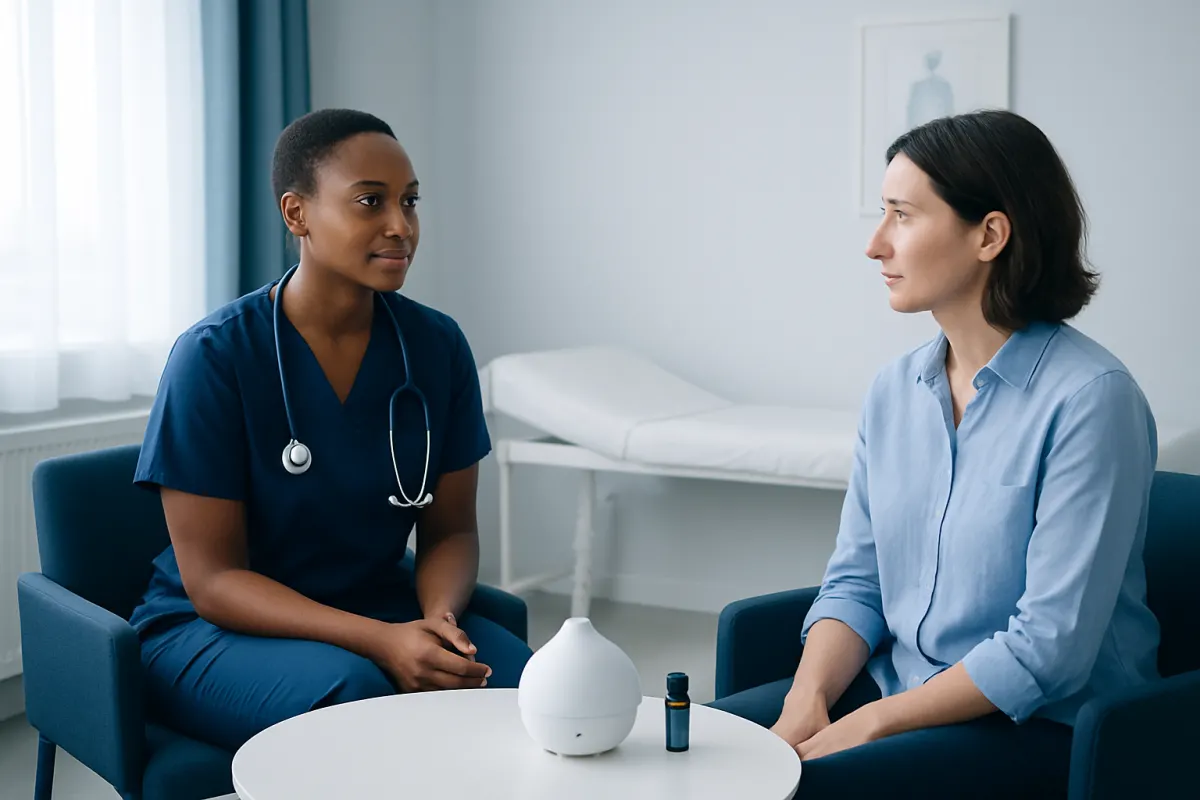 Healthcare professional and patient discussing aromatherapy benefits in a clinic.