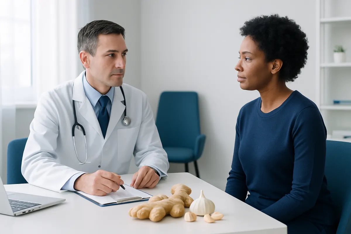 Doctor consulting a patient about garlic and ginger health benefits.