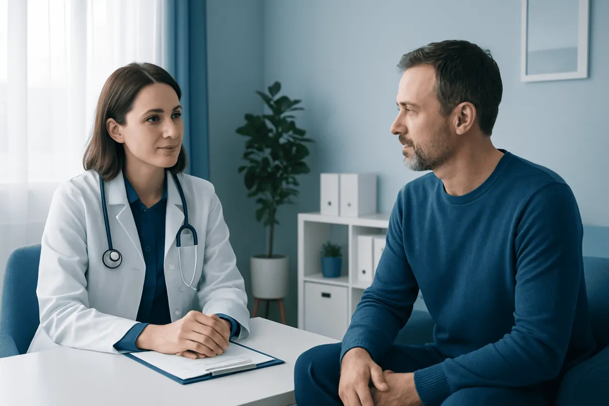 Doctor consulting with a male patient in a modern clinic setting.