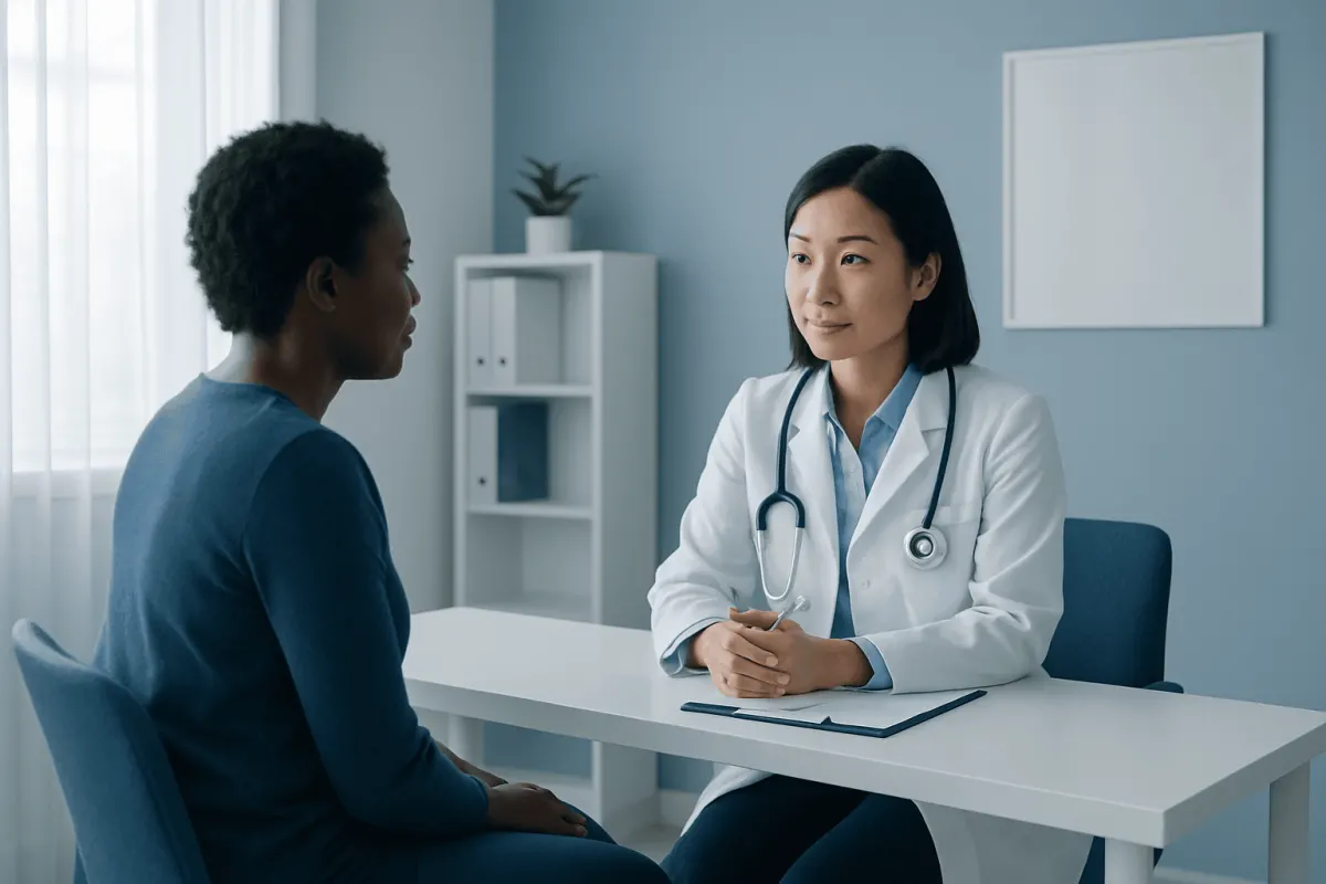 Doctor consulting with a patient in a modern medical office.