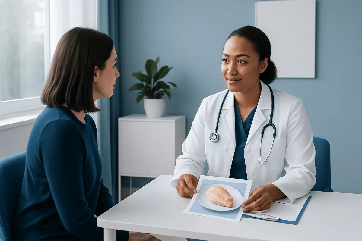 Doctor explaining chicken breast nutrition to patient in consultation room.