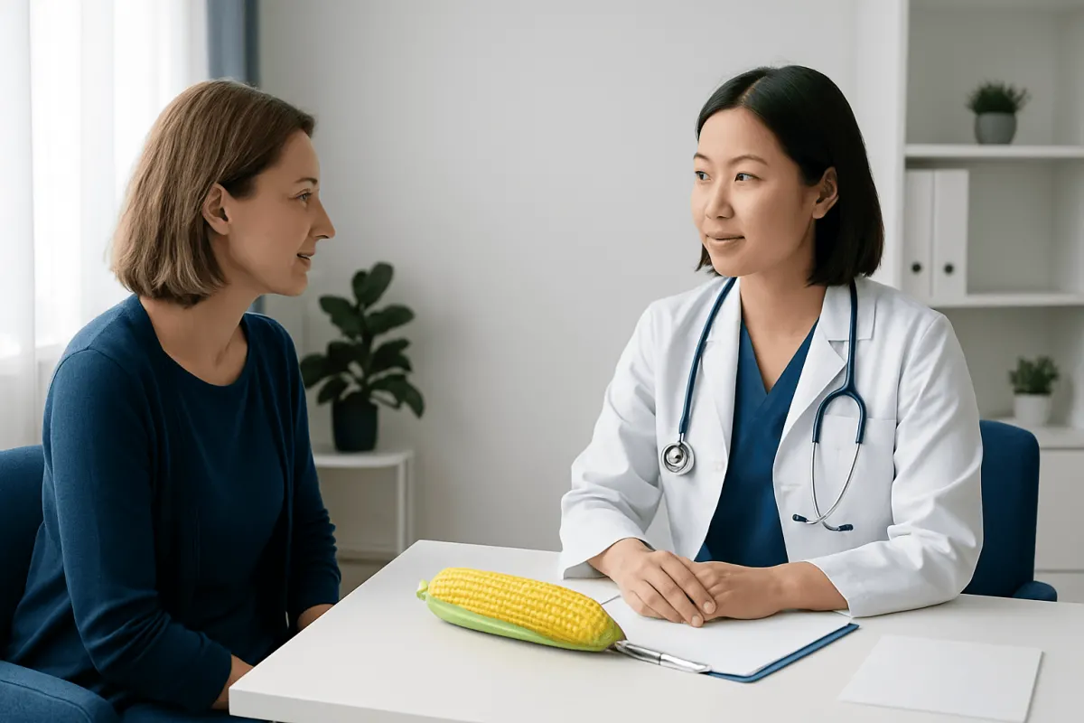 Doctor consulting with a patient in a medical office with corn on the table.