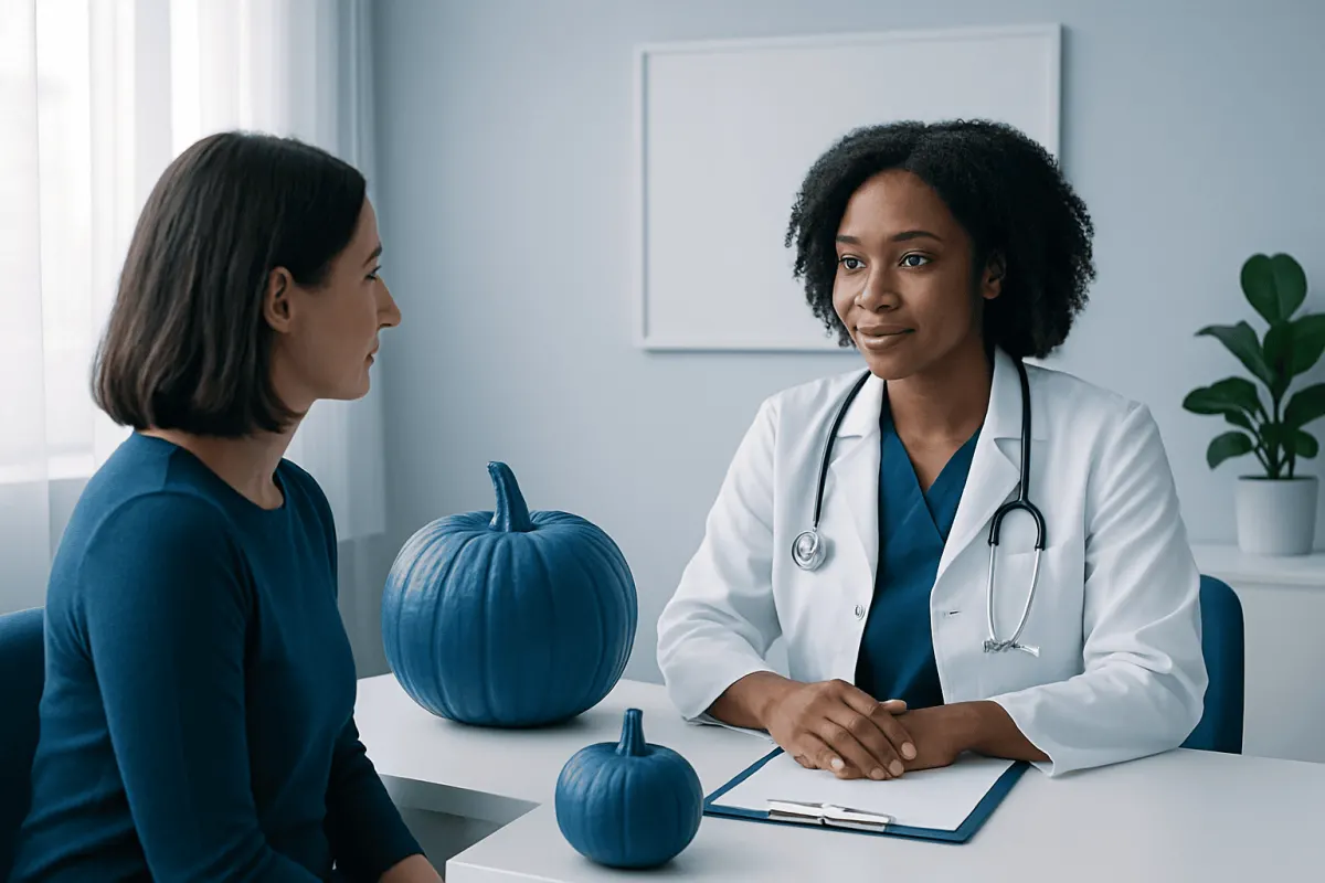 Doctor consulting with patient in a medical office with pumpkins on the table.