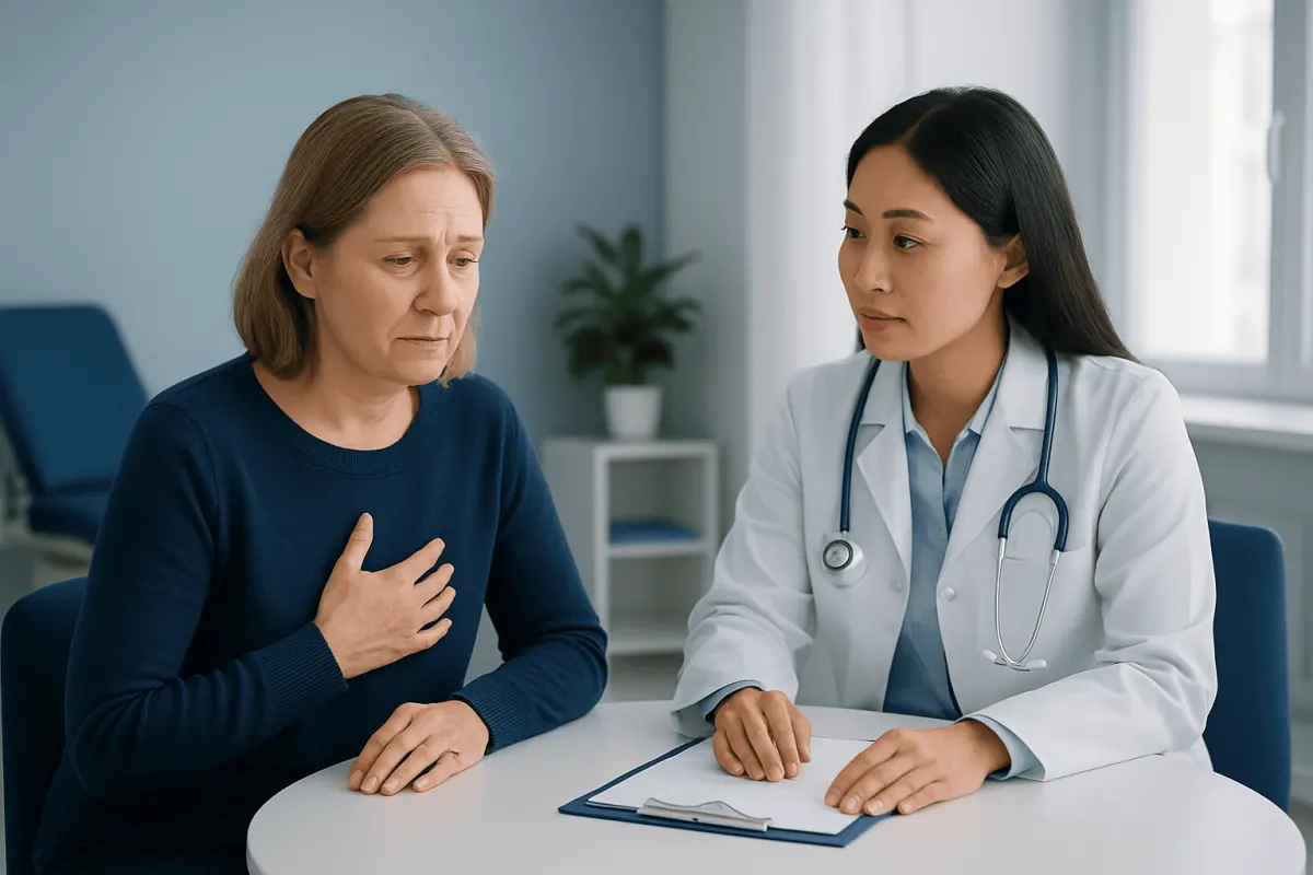 Doctor consulting with a middle-aged woman patient in a medical office.