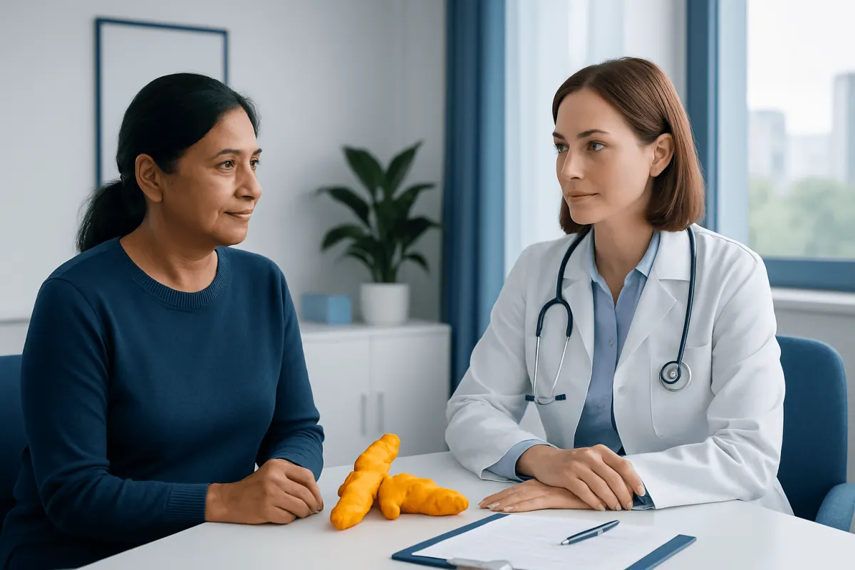 Doctor consulting with a patient about turmeric benefits in a clinical setting.