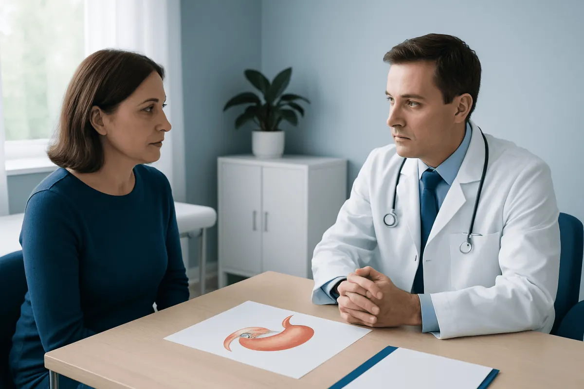 Doctor explaining stomach anatomy to a patient in a consultation room.