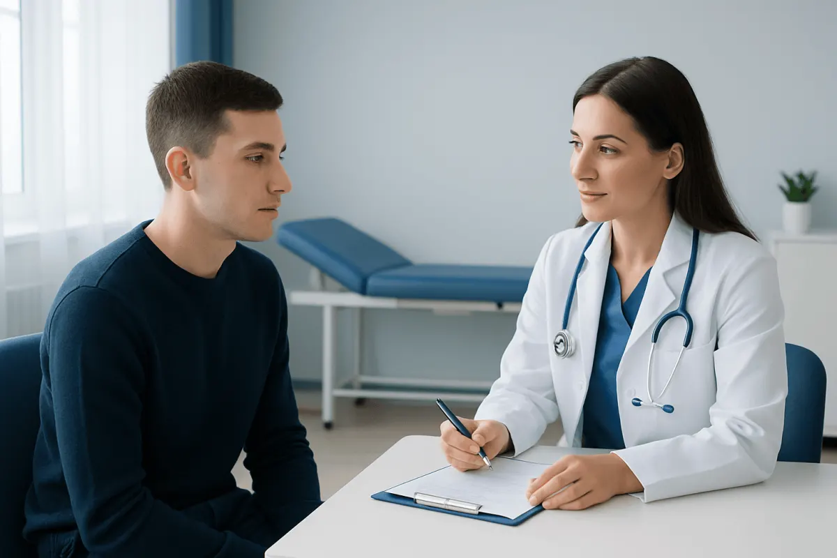 Doctor consulting with a young male patient about ear surgery options.