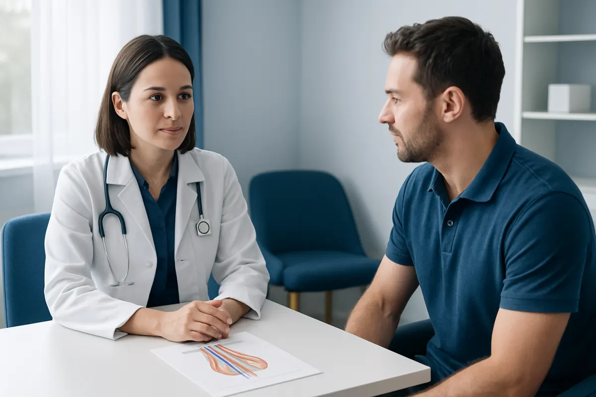 Doctor consulting male patient in a medical office setting.