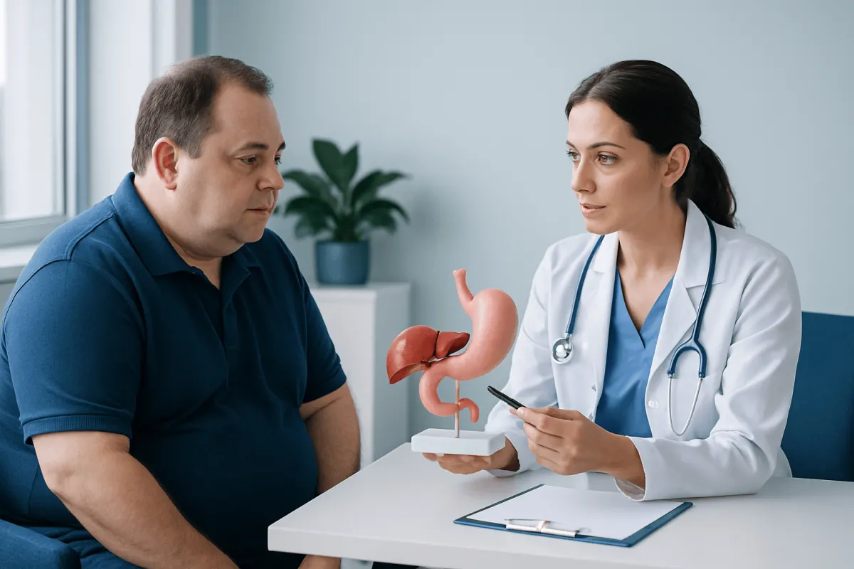Doctor explaining gastric surgery to patient with model of stomach.