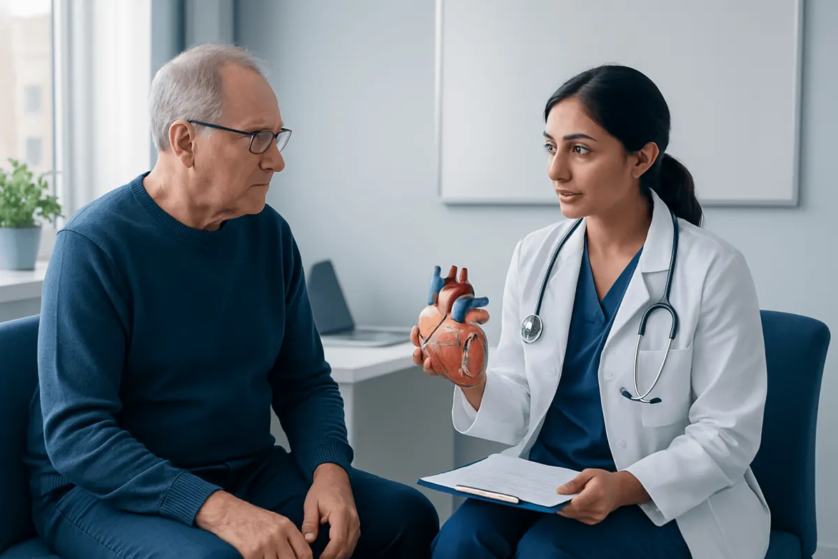 Doctor explaining heart health to an elderly patient in a consultation room.