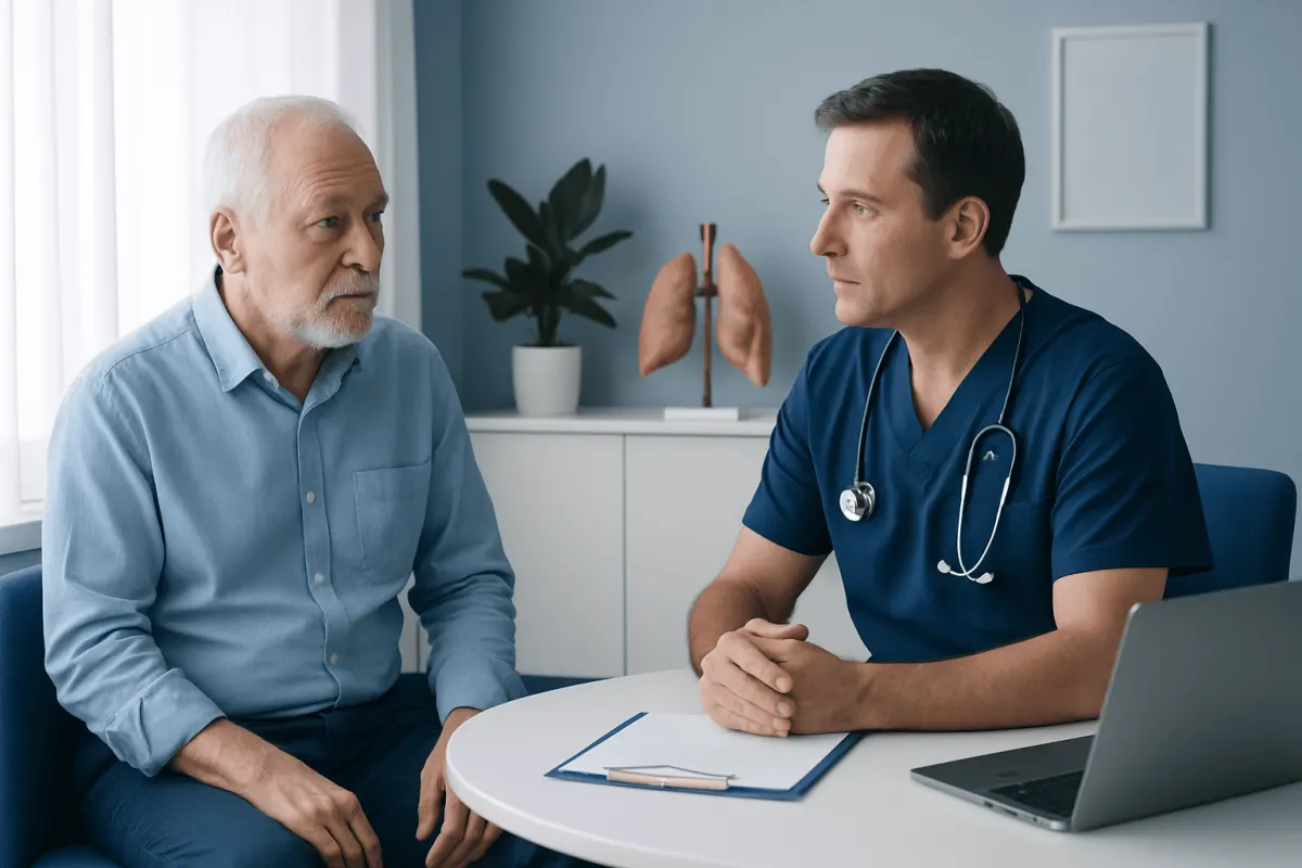 Doctor consulting with elderly patient in a medical office.