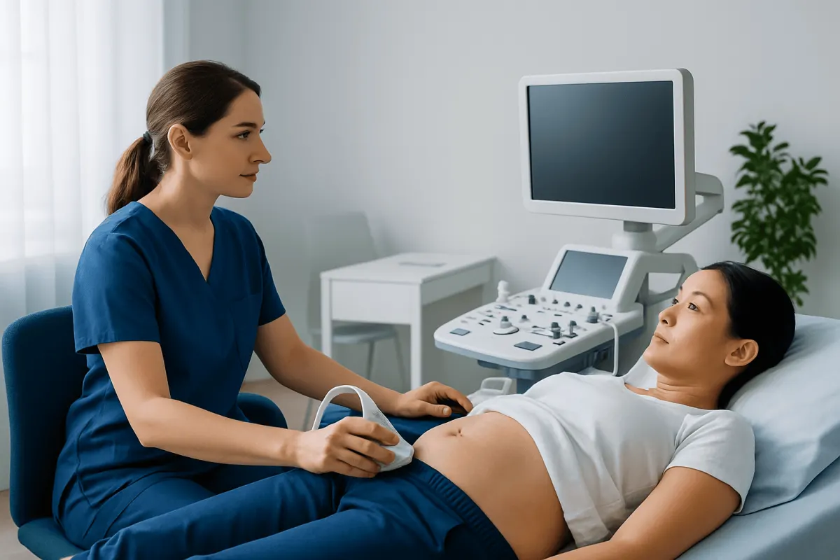 Ultrasound examination of a pregnant woman in a hospital room.