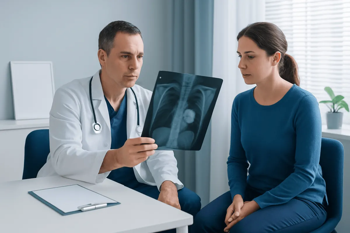 Doctor explains X-ray results to patient in a medical consultation room.