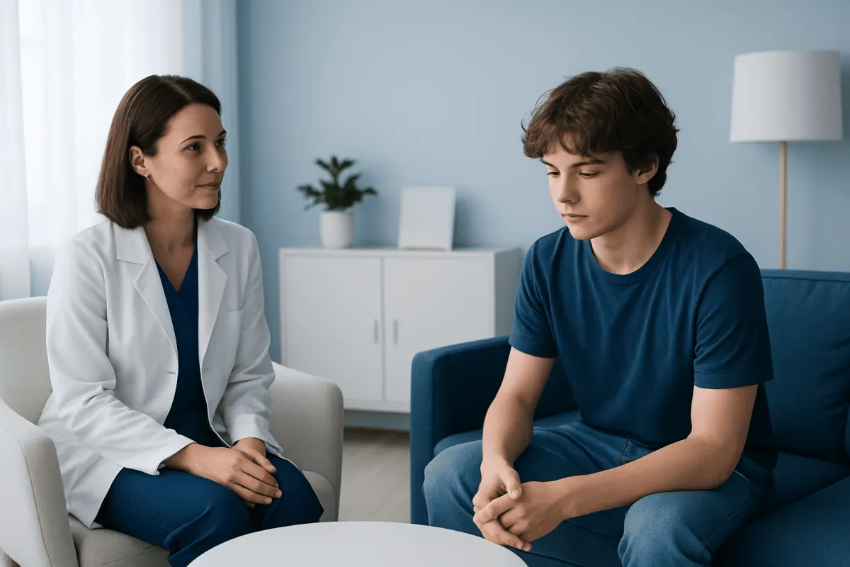Teen undergoing autism assessment with doctor in a clinical setting.