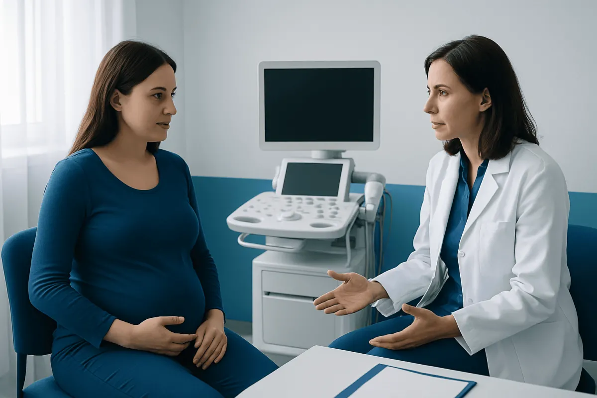Pregnant woman consulting with a doctor in a medical office.