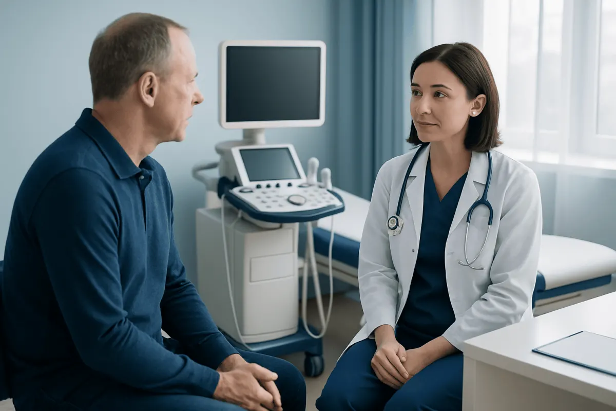 Doctor consulting with patient in a medical examination room at Acibadem Hospitals.