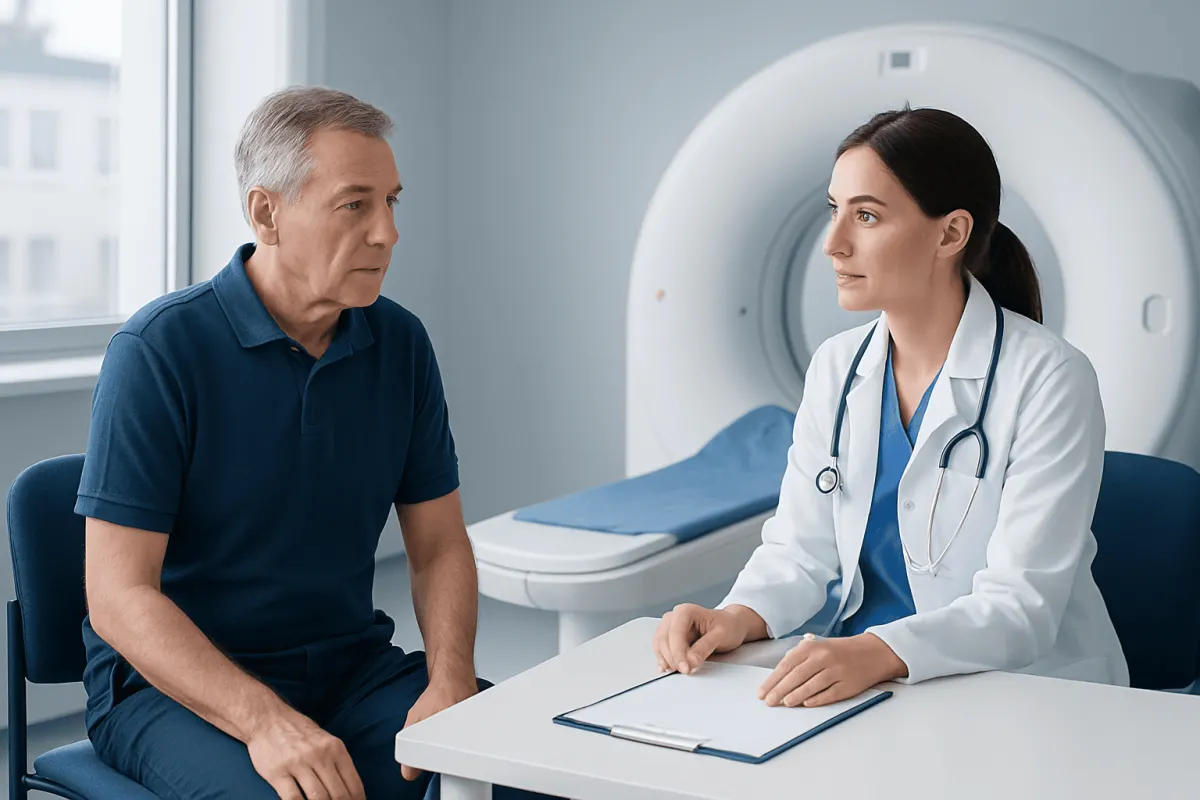 Doctor consulting with a patient in a hospital room near a CT scanner.