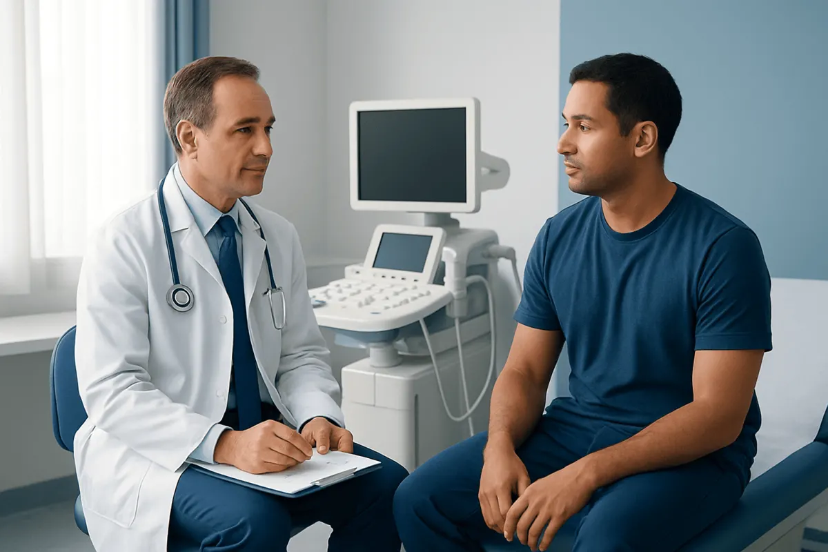 Doctor consulting with patient during a heart ultrasound appointment.