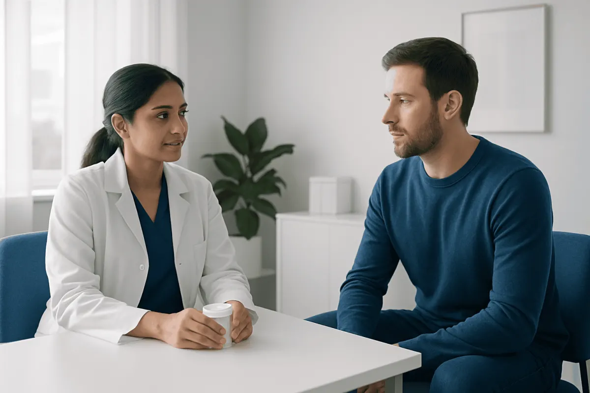 Doctor consulting male patient in a modern clinic setting.
