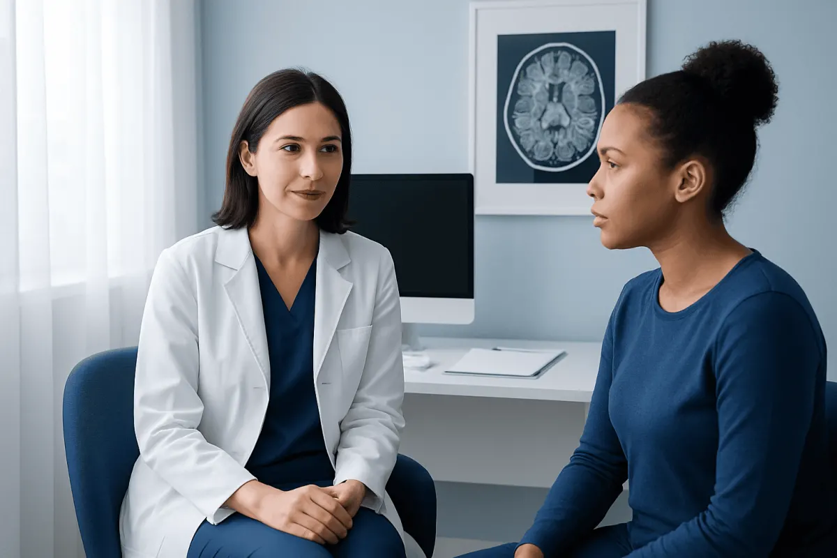 Doctor consulting with patient in a medical office with MRI scan on the wall.
