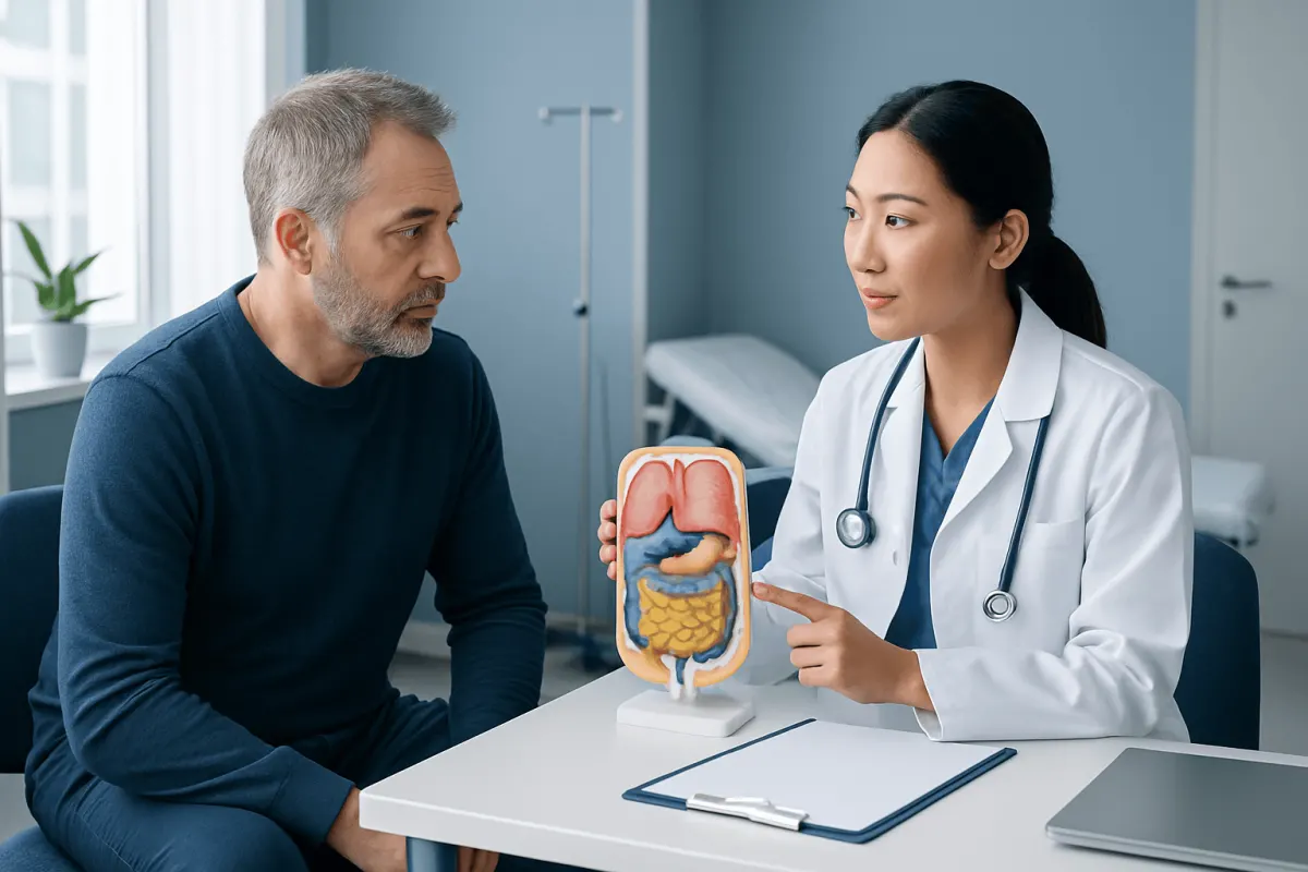 Doctor explaining digestive system model to patient in consultation room.