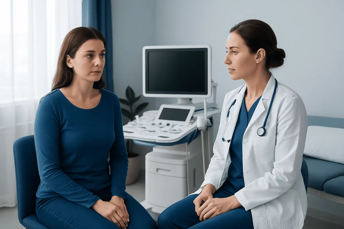 Doctor consulting with a patient in a medical examination room.