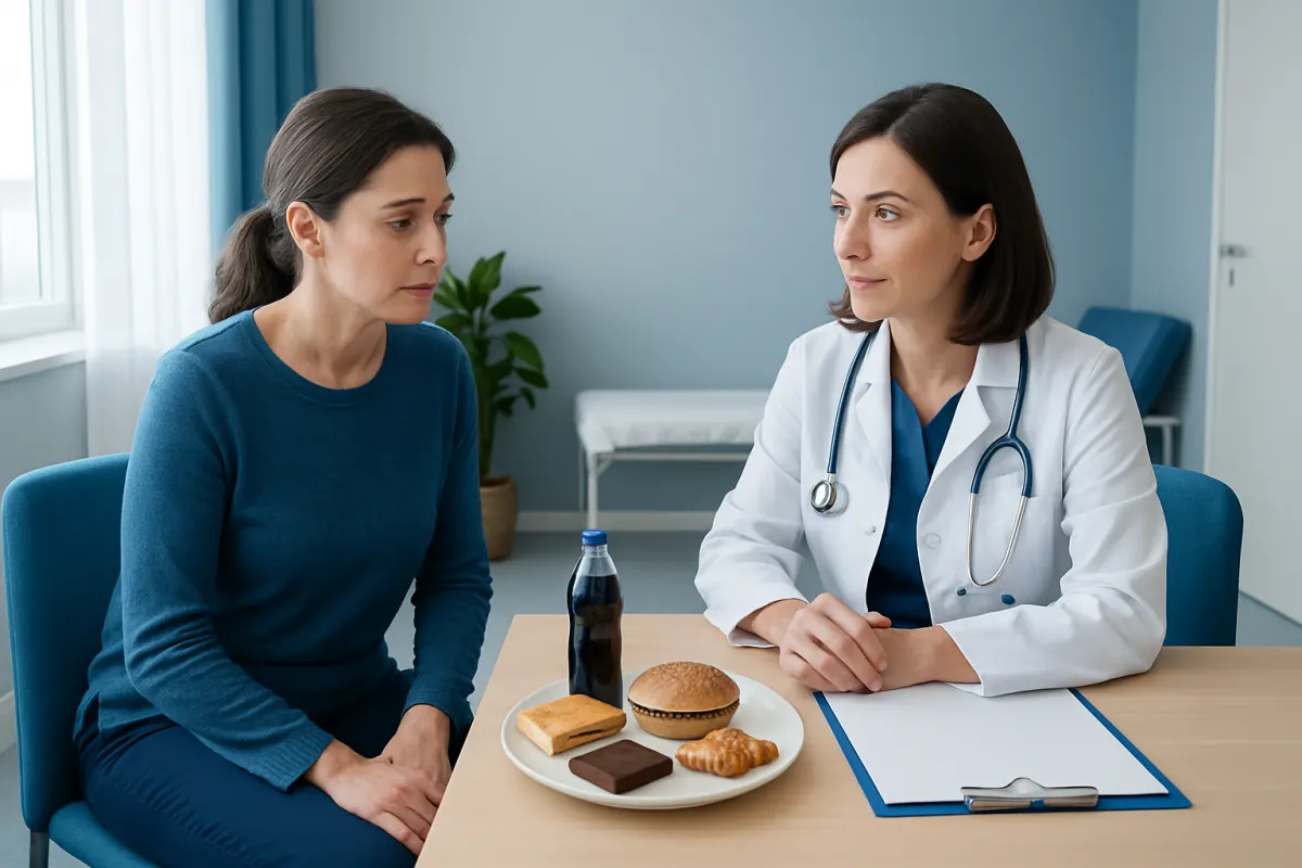 Doctor consulting patient about dietary restrictions after radioactive iodine treatment.