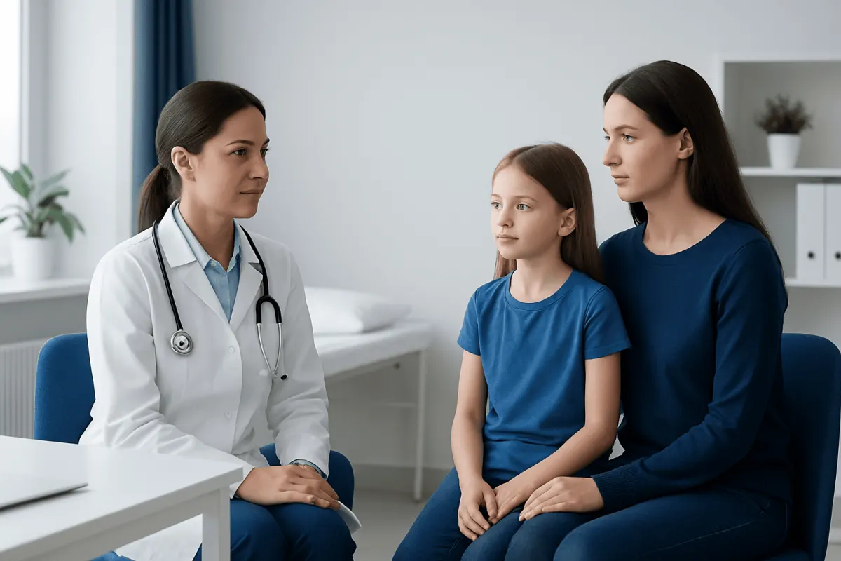 Doctor consulting a young girl and her mother in a clinic setting.