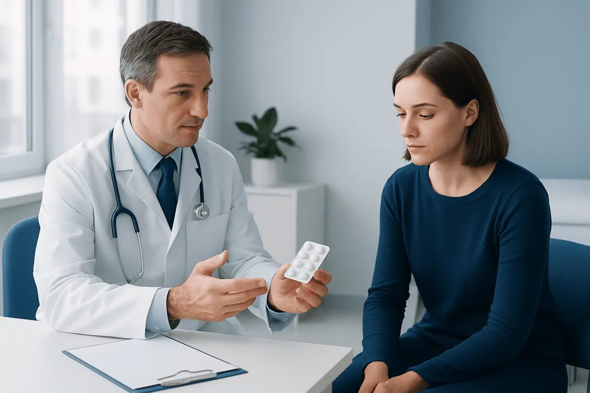 Doctor explaining medication options to a patient in a clinic setting.