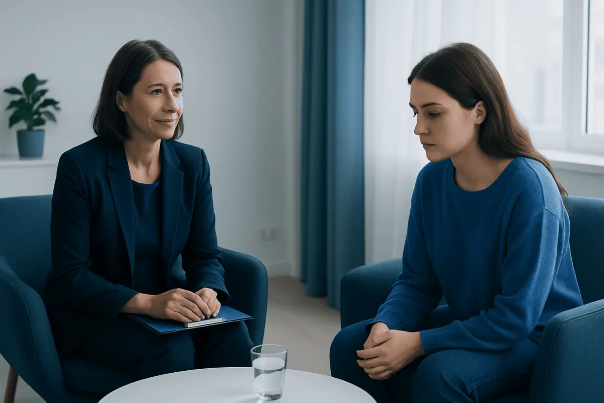 Mental health counseling session with a therapist and young woman in a clinic.